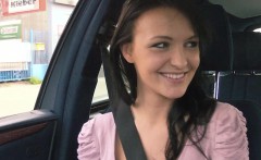 Hitchhiking brunette flashes her tits