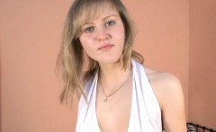 Julianna shows a 'no panties upskirt'. She undresses and