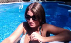 Striking blonde teen with big breasts pleases herself with