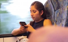 Voyeur takes secret photos of a sexy babe riding public tra