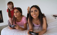 Stepbrother fucks gaming stepsister and her tight friends