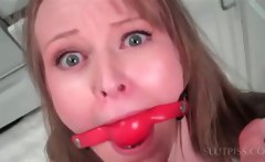 Tied up piss sex slave gets punished to pee on herself