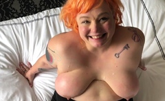 Deepthroating tattooed BBW mouth jizzed