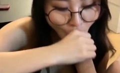 Asian Black Hair Girl With Glasses Blowjob &amp; Ball