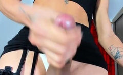 Tattood shemale tranny plays with ass during masturbation