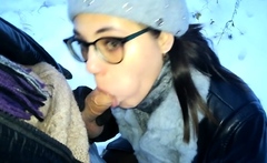 Cold Public Blowjob with a Sexy Teen Brunette Babe