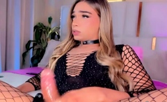 Horny sissy trap stroking her big cock