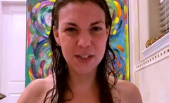 Small tit brunette amateur tugs on a big willie