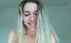 Blonde teen in weird stockings dildoing