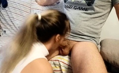 Ponytailed Babysitter Sucks and Swallows